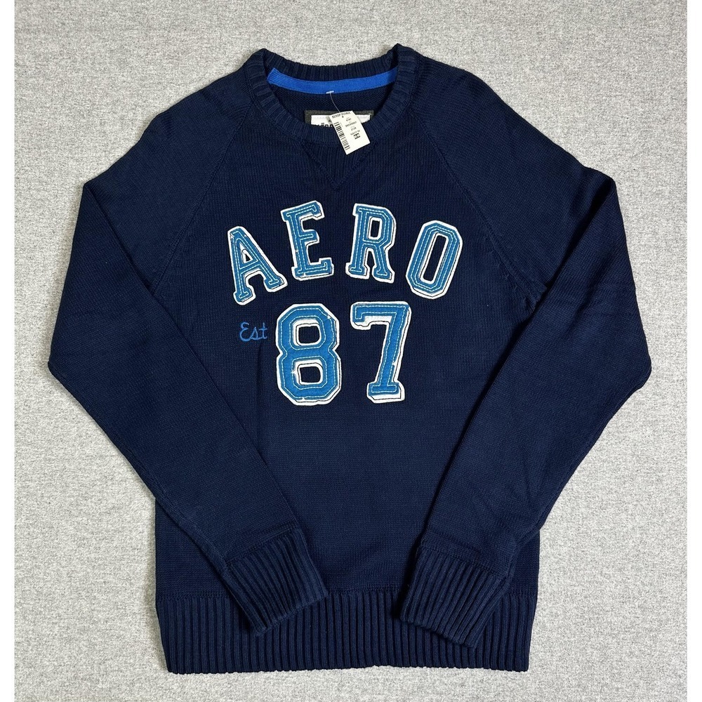 Aeropostale Sweater Mens M Navy Blue AERO 87‎ Embroidered Crewneck Pullover Y2K